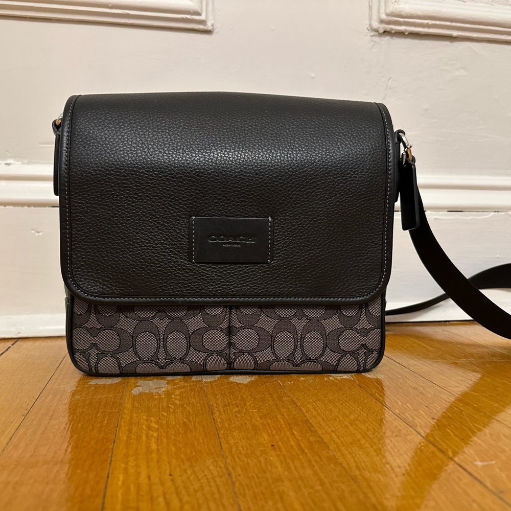 Coach men’s messenger bag, black leather and canvas